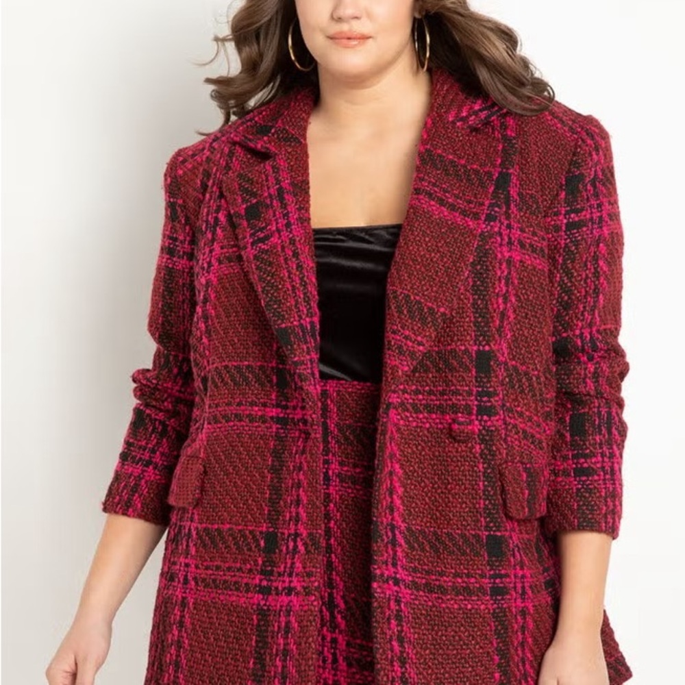 Eloquii Fuchsia and Black Plaid Bouclé Blazer